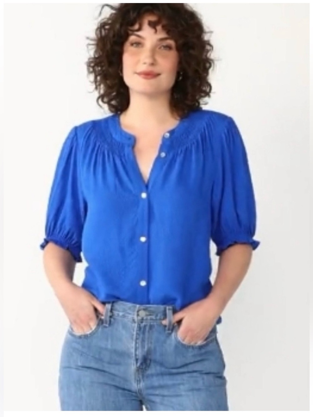 Draper James RSVP Cobalt Textured Putf Sleeve Blouse Button-Front XL Rayon